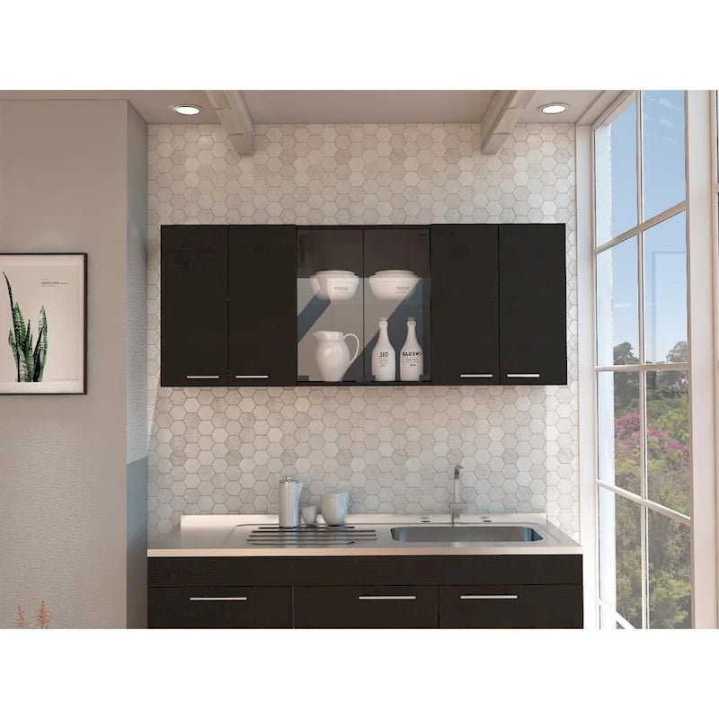 TUHOME Superior 150 Wall Cabinet with Glass Doors, 2 Double Cabinets, 4 Inner Shelves, Dish Rack and Cup Rack - N/A