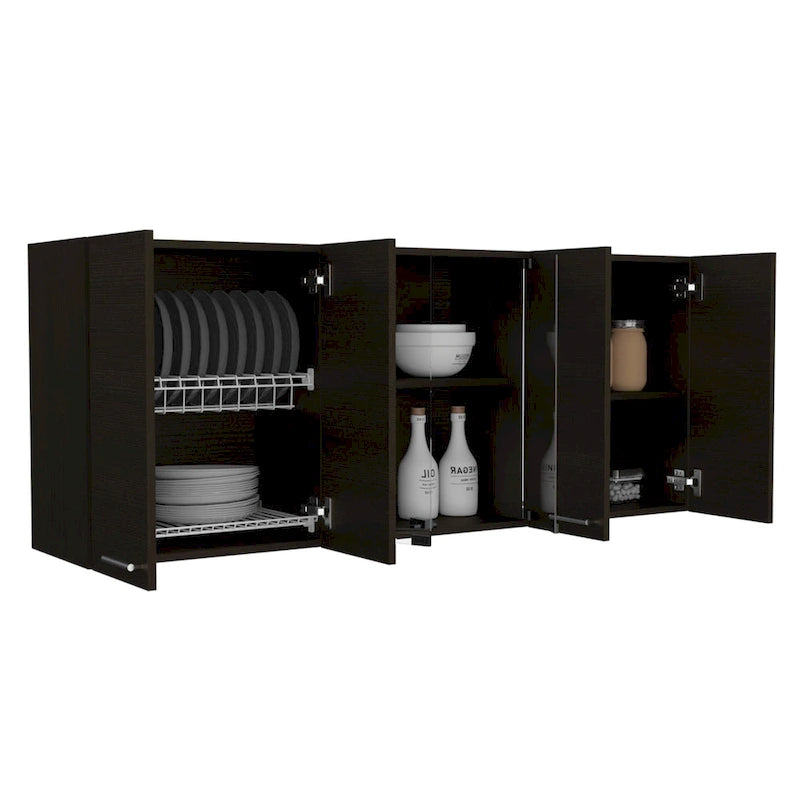 TUHOME Superior 150 Wall Cabinet with Glass Doors, 2 Double Cabinets, 4 Inner Shelves, Dish Rack and Cup Rack - N/A