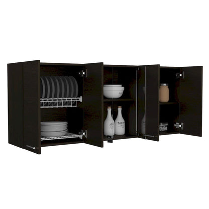 TUHOME Superior 150 Wall Cabinet with Glass Doors, 2 Double Cabinets, 4 Inner Shelves, Dish Rack and Cup Rack - N/A