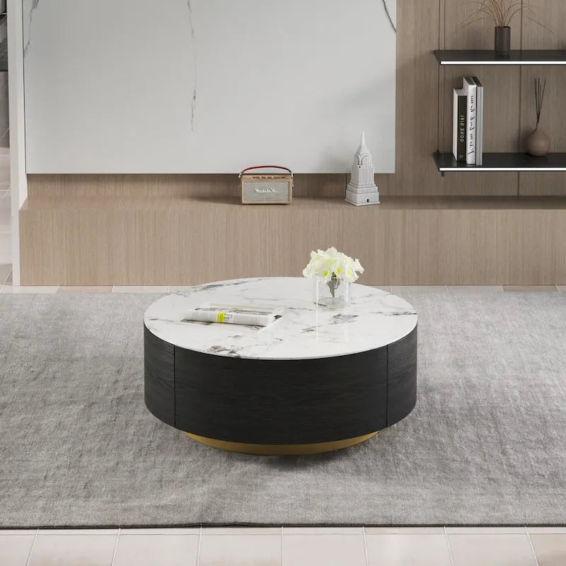 Modern Round Coffee Table, White Sintered Stone Tabletop with 2 Drawers