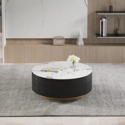 Modern Round Coffee Table, White Sintered Stone Tabletop with 2 Drawers