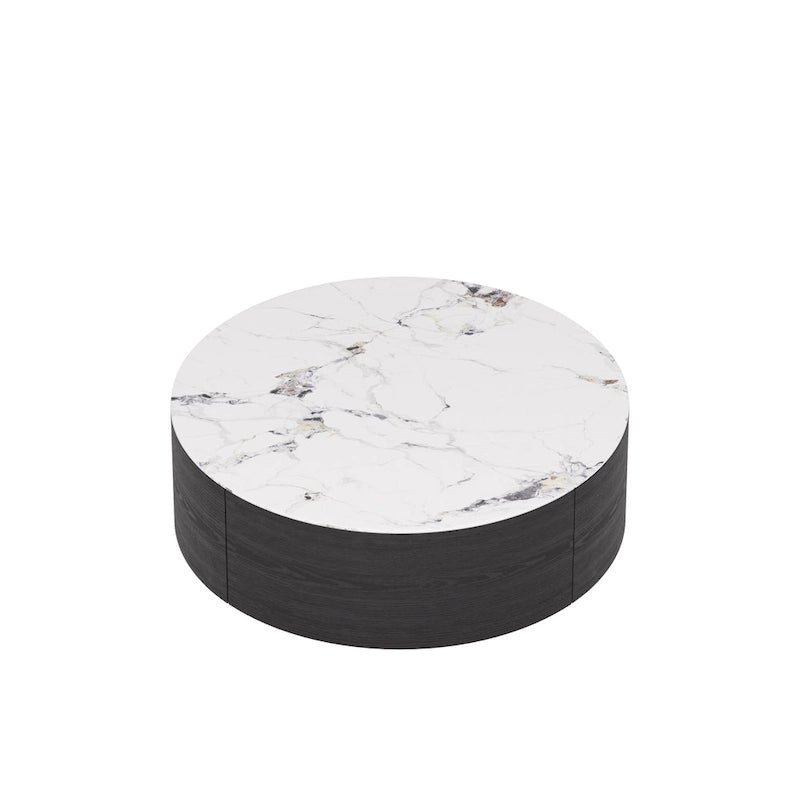 Modern Round Coffee Table, White Sintered Stone Tabletop with 2 Drawers