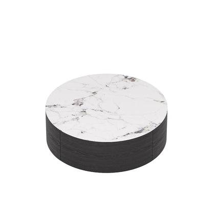 Modern Round Coffee Table, White Sintered Stone Tabletop with 2 Drawers