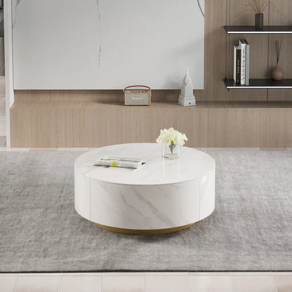 Modern Round Coffee Table, White Sintered Stone Tabletop with 2 Drawers