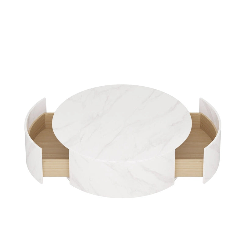 Modern Round Coffee Table, White Sintered Stone Tabletop with 2 Drawers