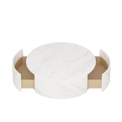 Modern Round Coffee Table, White Sintered Stone Tabletop with 2 Drawers