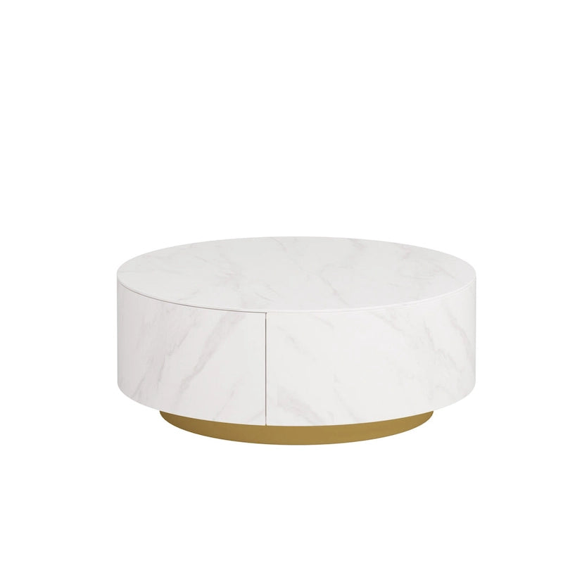 Modern Round Coffee Table, White Sintered Stone Tabletop with 2 Drawers