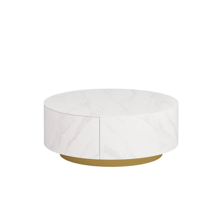 Modern Round Coffee Table, White Sintered Stone Tabletop with 2 Drawers