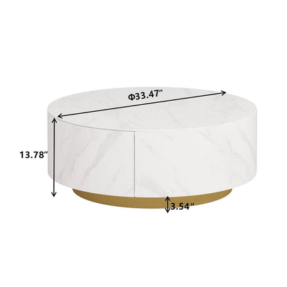 Modern Round Coffee Table, White Sintered Stone Tabletop with 2 Drawers