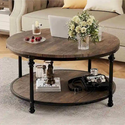 30.3in Wood Circle Coffee Table, with Storage Shelf, Metal Legs