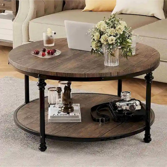 30.3in Wood Circle Coffee Table, with Storage Shelf, Metal Legs