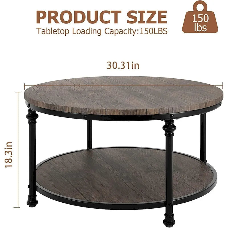 30.3in Wood Circle Coffee Table, with Storage Shelf, Metal Legs