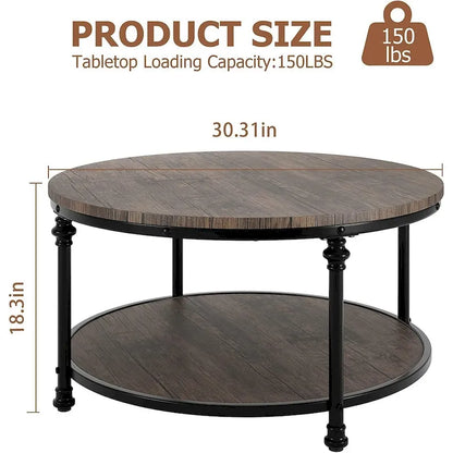 30.3in Wood Circle Coffee Table, with Storage Shelf, Metal Legs