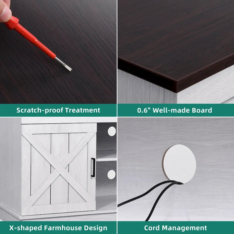 Evelynn Wood Farmhouse TV Stand for 65 Inch TV Sliding Barn Doors Grey White