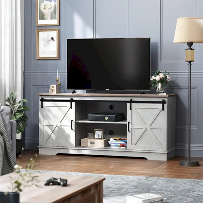 Evelynn Wood Farmhouse TV Stand for 65 Inch TV Sliding Barn Doors Grey White