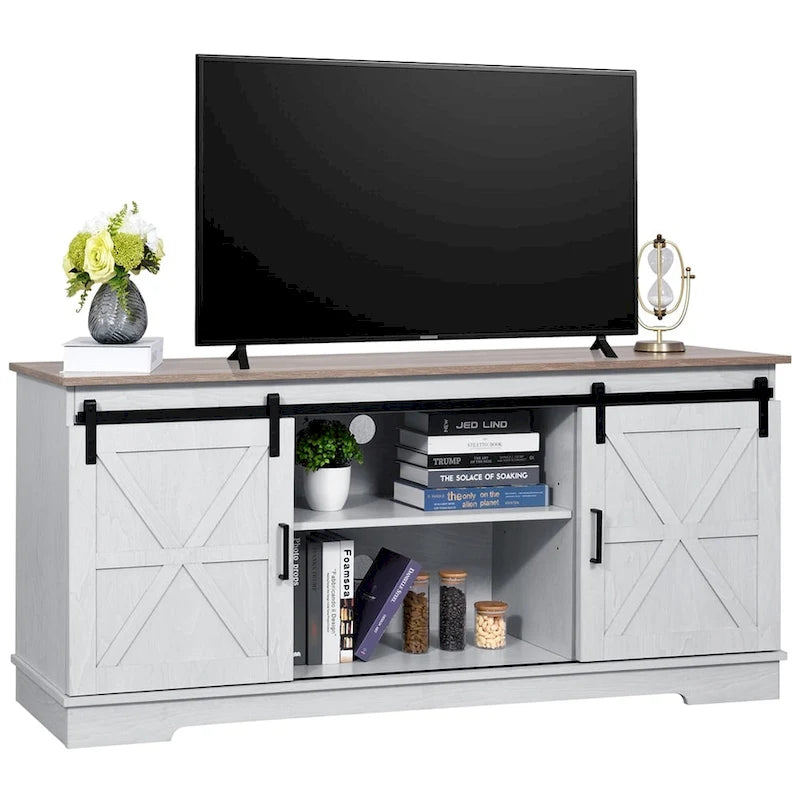 Evelynn Wood Farmhouse TV Stand for 65 Inch TV Sliding Barn Doors Grey White