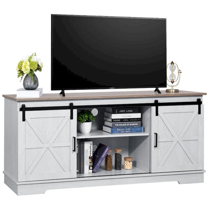 Evelynn Wood Farmhouse TV Stand for 65 Inch TV Sliding Barn Doors Grey White