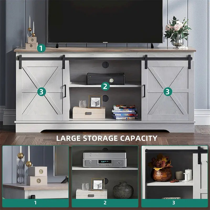 Evelynn Wood Farmhouse TV Stand for 65 Inch TV Sliding Barn Doors Grey White