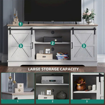 Evelynn Wood Farmhouse TV Stand for 65 Inch TV Sliding Barn Doors Grey White