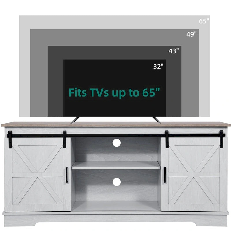 Evelynn Wood Farmhouse TV Stand for 65 Inch TV Sliding Barn Doors Grey White