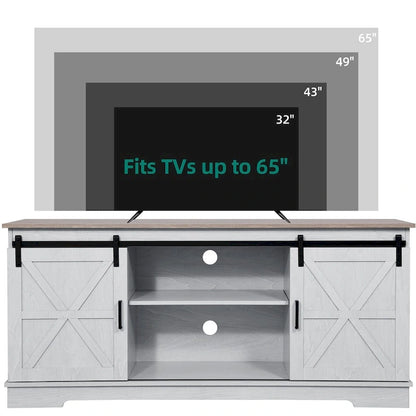 Evelynn Wood Farmhouse TV Stand for 65 Inch TV Sliding Barn Doors Grey White
