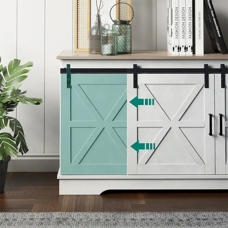 Evelynn Wood Farmhouse TV Stand for 65 Inch TV Sliding Barn Doors Grey White