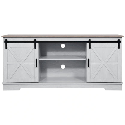 Evelynn Wood Farmhouse TV Stand for 65 Inch TV Sliding Barn Doors Grey White