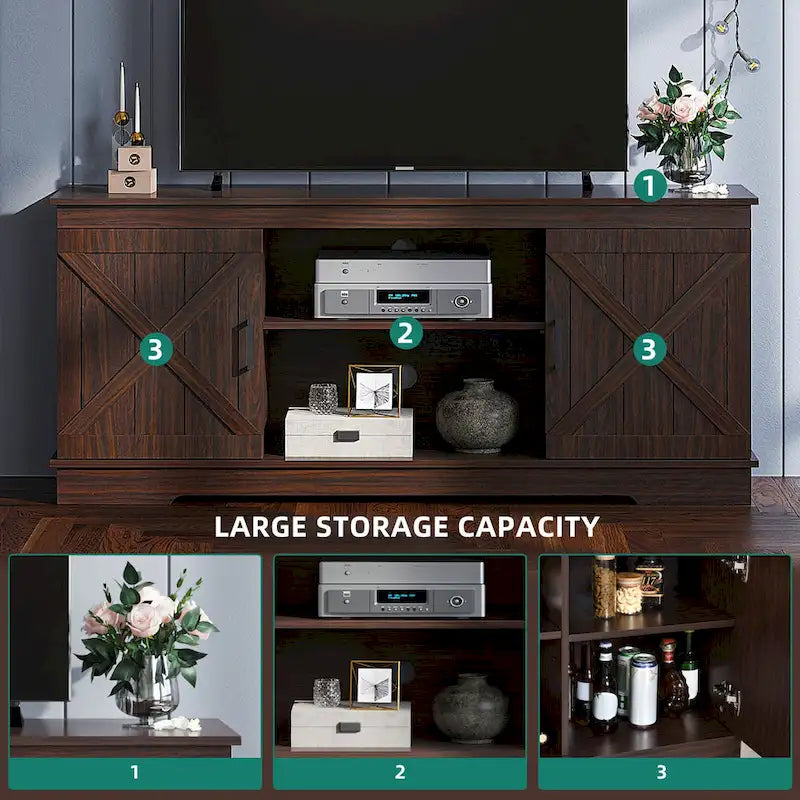 Evelynn Wood Farmhouse TV Stand for 65 Inch TV Sliding Barn Doors Grey White