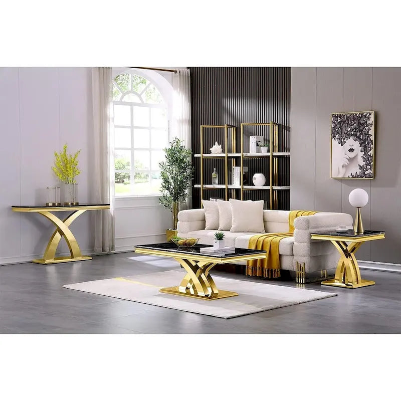 Luxurious 22 inch Black and Gold End Table with Polished Stainless Steel X Base