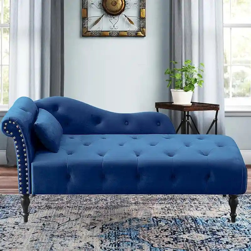 60W Velvet Chaise Lounge, Tufted with Pillow & Nailhead Decorate - 60.6W x 27.5D x 28.3H