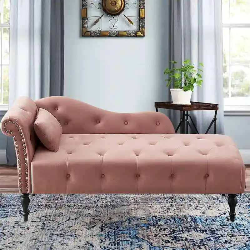 60W Velvet Chaise Lounge, Tufted with Pillow & Nailhead Decorate - 60.6W x 27.5D x 28.3H