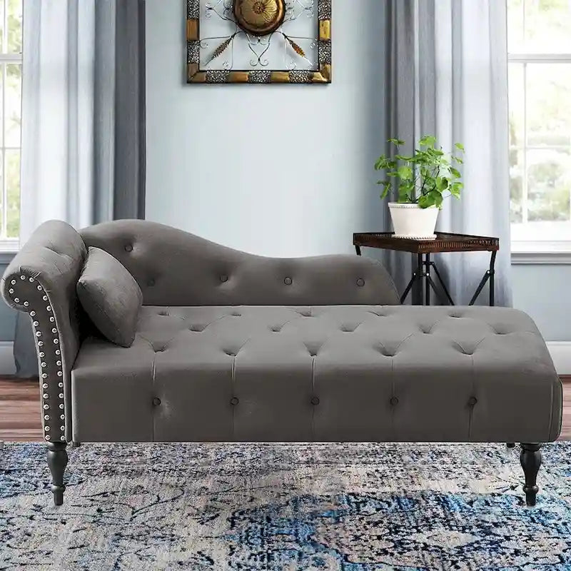 60W Velvet Chaise Lounge, Tufted with Pillow & Nailhead Decorate - 60.6W x 27.5D x 28.3H