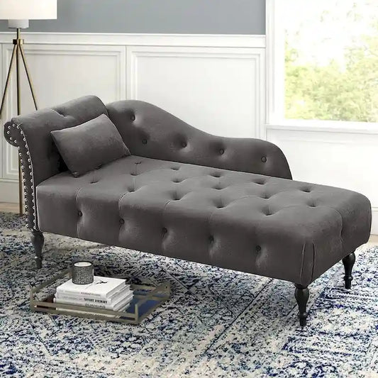 60W Velvet Chaise Lounge, Tufted with Pillow & Nailhead Decorate - 60.6W x 27.5D x 28.3H