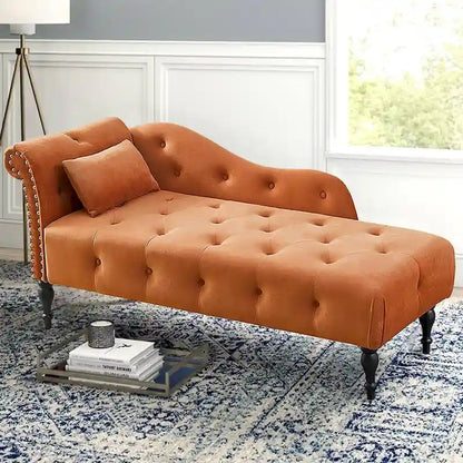 60W Velvet Chaise Lounge, Tufted with Pillow & Nailhead Decorate - 60.6W x 27.5D x 28.3H