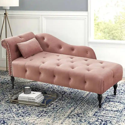 60W Velvet Chaise Lounge, Tufted with Pillow & Nailhead Decorate - 60.6W x 27.5D x 28.3H