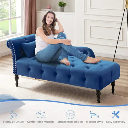 60W Velvet Chaise Lounge, Tufted with Pillow & Nailhead Decorate - 60.6W x 27.5D x 28.3H