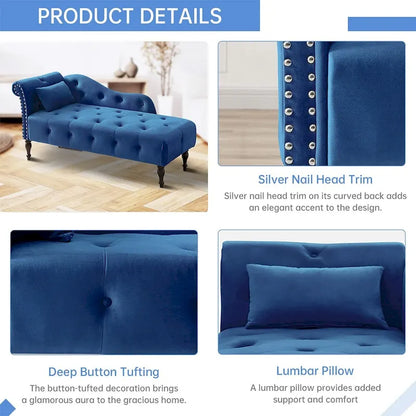 60W Velvet Chaise Lounge, Tufted with Pillow & Nailhead Decorate - 60.6W x 27.5D x 28.3H