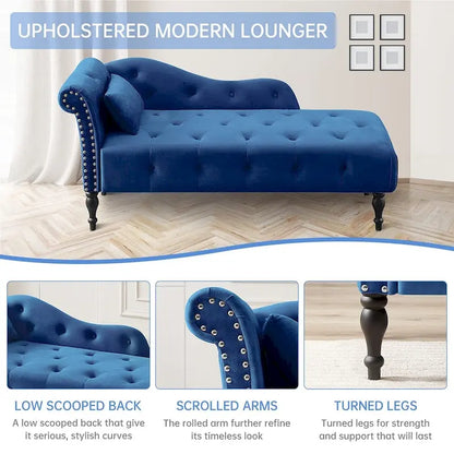 60W Velvet Chaise Lounge, Tufted with Pillow & Nailhead Decorate - 60.6W x 27.5D x 28.3H
