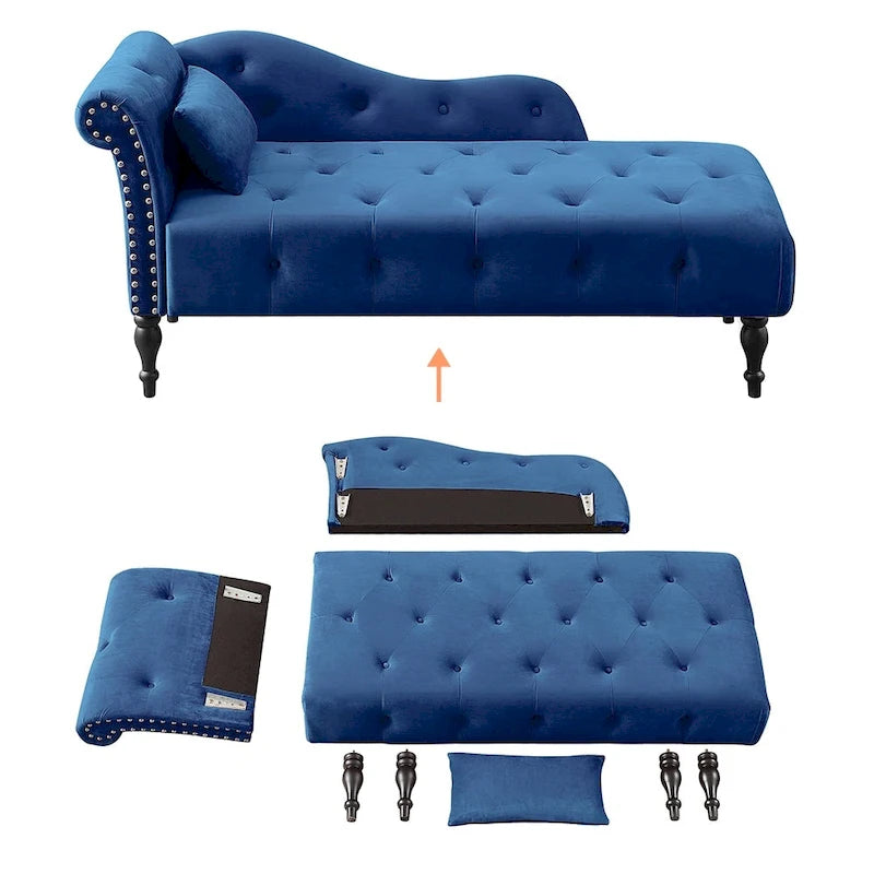 60W Velvet Chaise Lounge, Tufted with Pillow & Nailhead Decorate - 60.6W x 27.5D x 28.3H