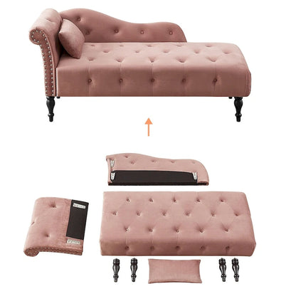 60W Velvet Chaise Lounge, Tufted with Pillow & Nailhead Decorate - 60.6W x 27.5D x 28.3H
