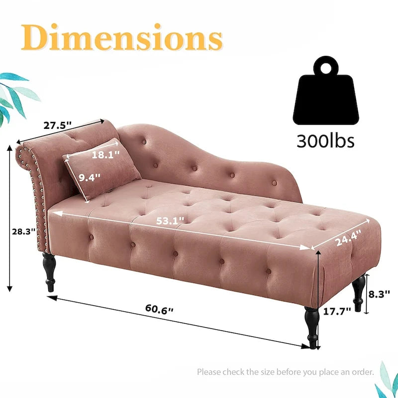 60W Velvet Chaise Lounge, Tufted with Pillow & Nailhead Decorate - 60.6W x 27.5D x 28.3H