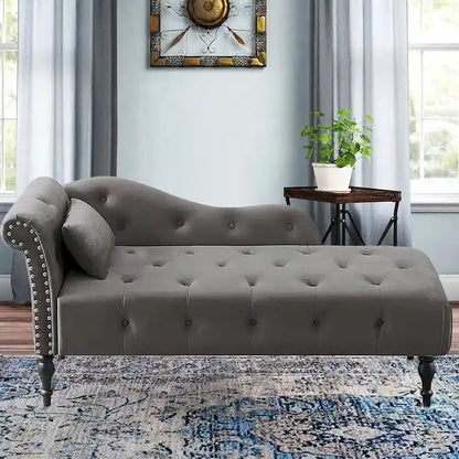 60W Velvet Chaise Lounge, Tufted with Pillow & Nailhead Decorate - 60.6W x 27.5D x 28.3H