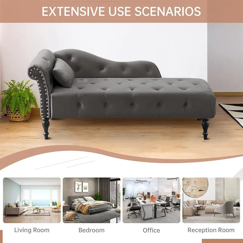 60W Velvet Chaise Lounge, Tufted with Pillow & Nailhead Decorate - 60.6W x 27.5D x 28.3H