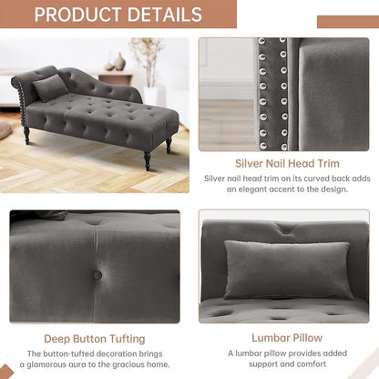 60W Velvet Chaise Lounge, Tufted with Pillow & Nailhead Decorate - 60.6W x 27.5D x 28.3H