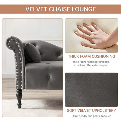 60W Velvet Chaise Lounge, Tufted with Pillow & Nailhead Decorate - 60.6W x 27.5D x 28.3H