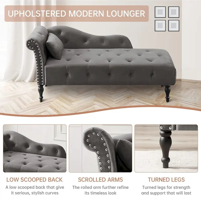 60W Velvet Chaise Lounge, Tufted with Pillow & Nailhead Decorate - 60.6W x 27.5D x 28.3H