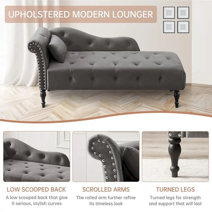 60W Velvet Chaise Lounge, Tufted with Pillow & Nailhead Decorate - 60.6W x 27.5D x 28.3H