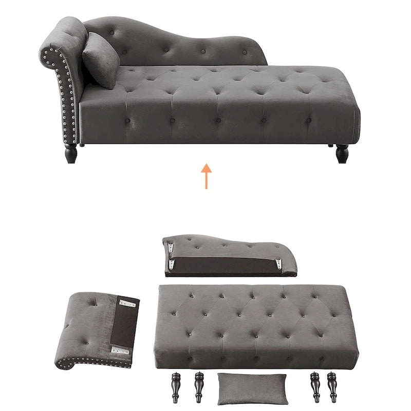 60W Velvet Chaise Lounge, Tufted with Pillow & Nailhead Decorate - 60.6W x 27.5D x 28.3H