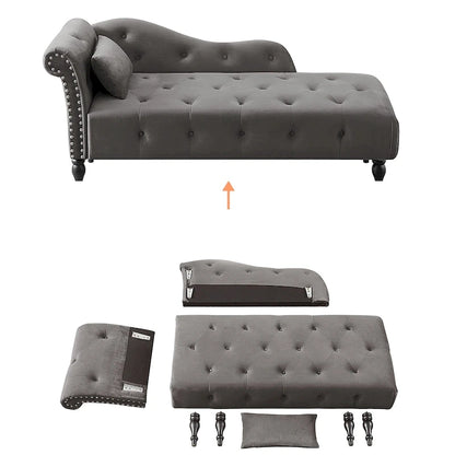 60W Velvet Chaise Lounge, Tufted with Pillow & Nailhead Decorate - 60.6W x 27.5D x 28.3H
