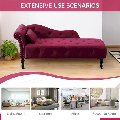 60W Velvet Chaise Lounge, Tufted with Pillow & Nailhead Decorate - 60.6W x 27.5D x 28.3H